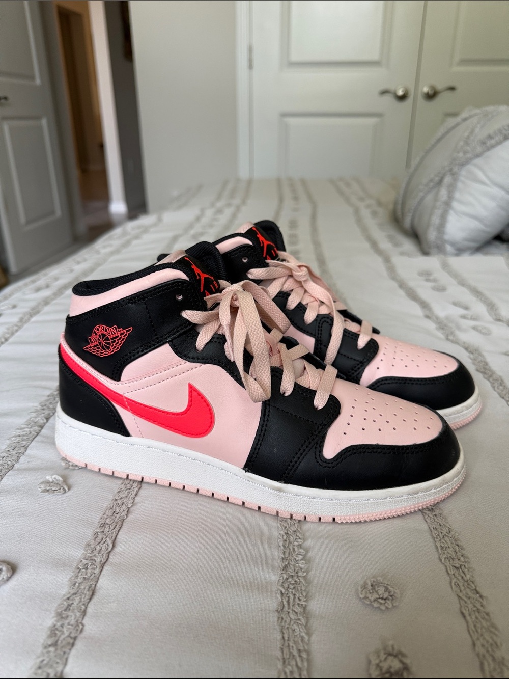 Nike Jordan 1 Mid Top Basketball Sneakers - Pink & Black Atmosphere GS